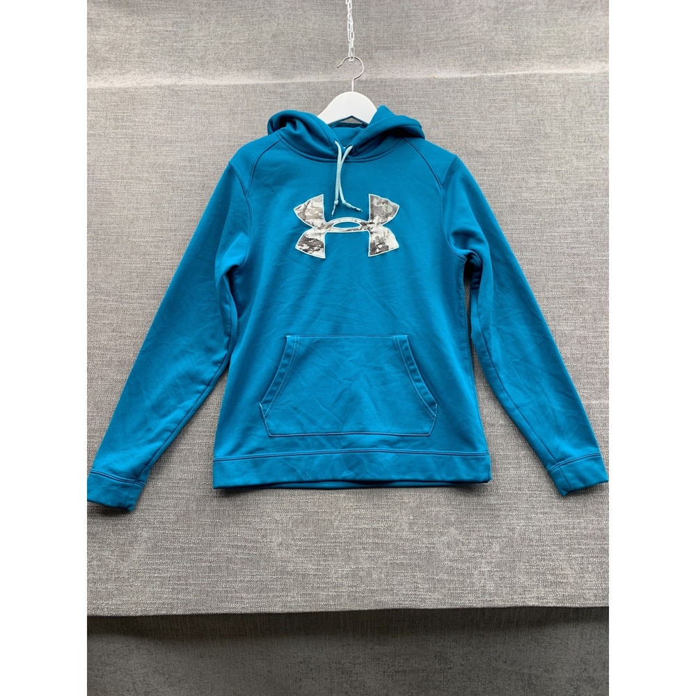 Under Armour Semi Fitted Hoodie Womens Medium Teal Blue Camo Big Logo Cotton